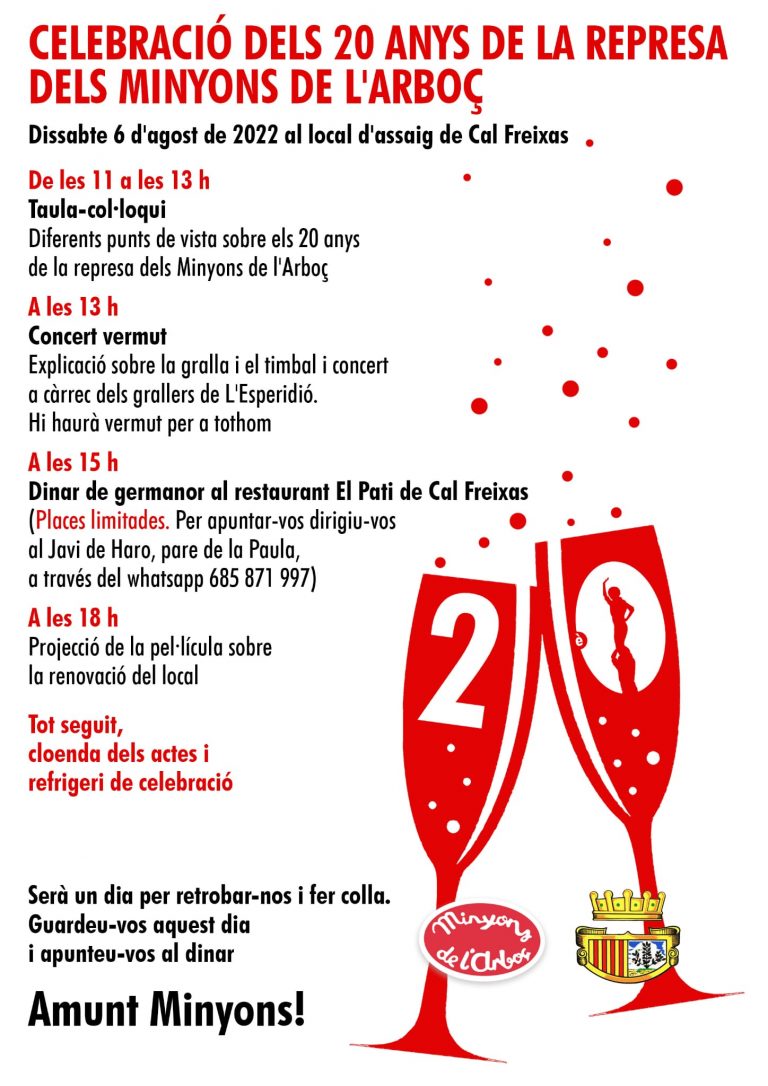 Dijous 4, 15h. Els Minyons de l’Arboç celebren el 20è aniversari des de la represa.