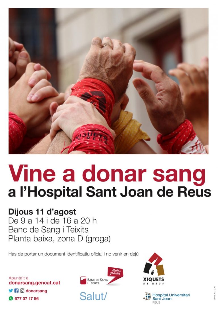 Dilluns 8, 16h. Campanya de donació de sang dels Xiquets de Reus a l’Hospital Sant Joan