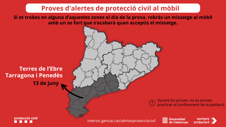 Aquest dimarts 13 de juny es provarà el sistema d’alertes a mòbils de Protecció Civil a Tarragona, Terres de l’Ebre i Penedès